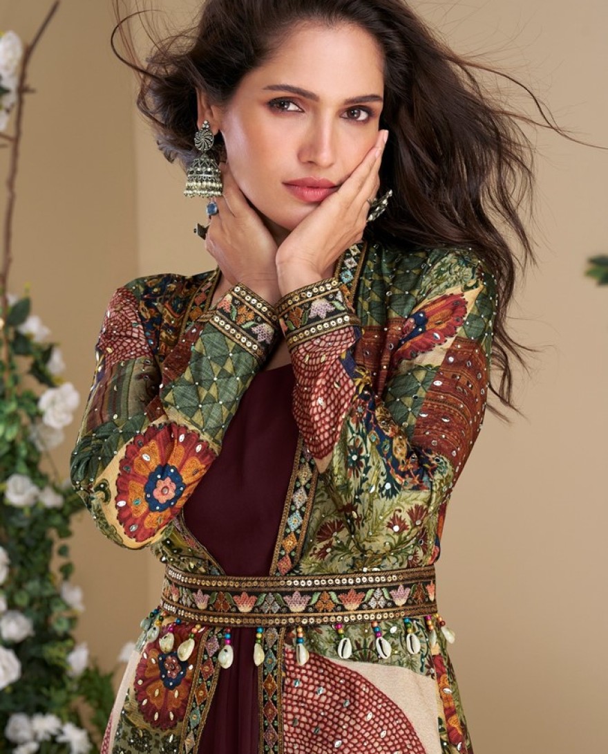 5826 - Designer Deep Wine Georgette Anarkali Gown with Multicolor Long Shrug